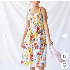 Urban Outfitters Positano Linen Tie Shoulder Floral Button Front Midi Dress MED